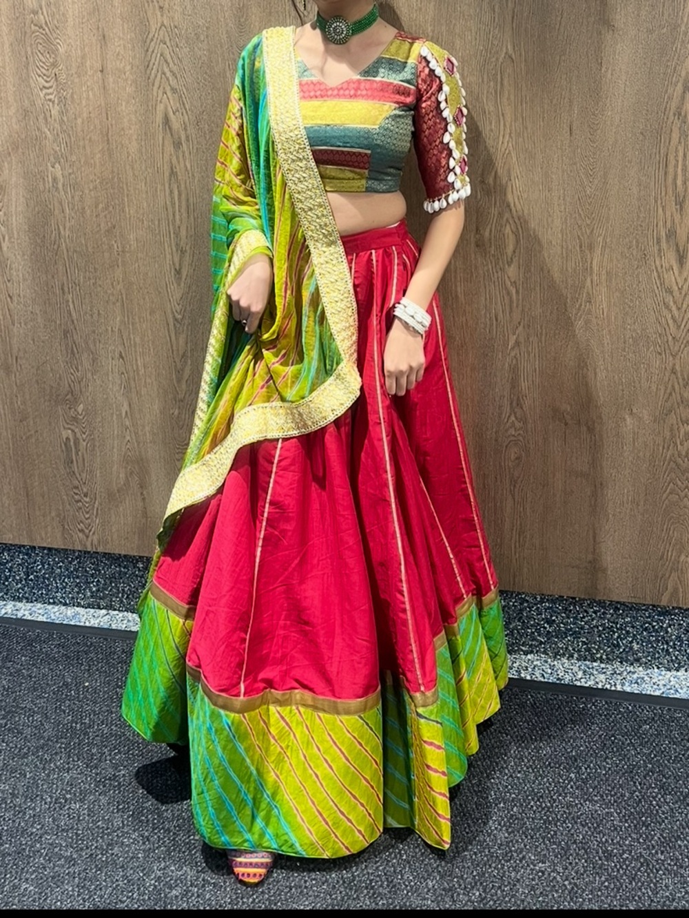 Ethnic Indian Wear Red and Green A-Line Lehenga with Multicolor Blouse